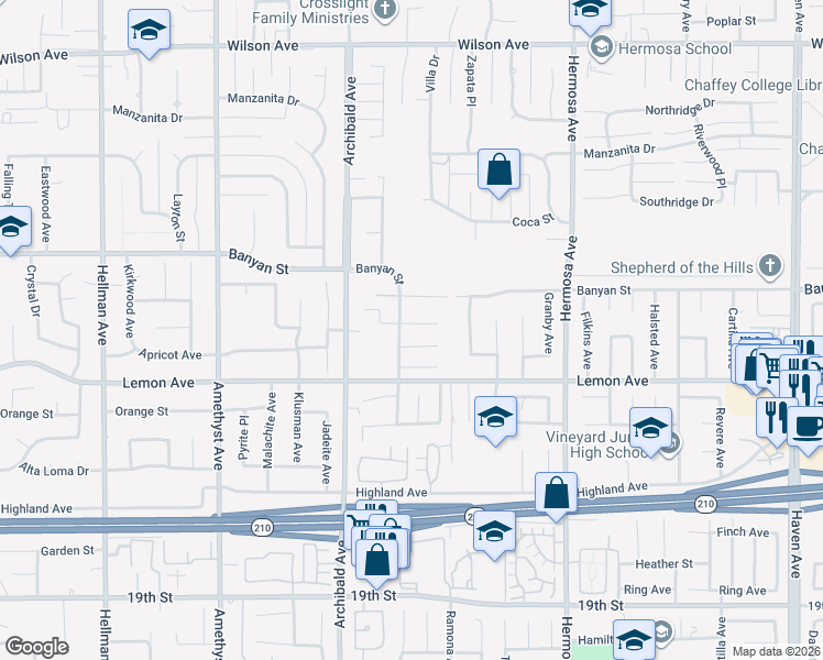map of restaurants, bars, coffee shops, grocery stores, and more near 9819 Liberty Street in Rancho Cucamonga