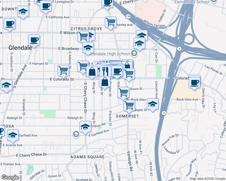 map of restaurants, bars, coffee shops, grocery stores, and more near 400 Fischer Street in Glendale