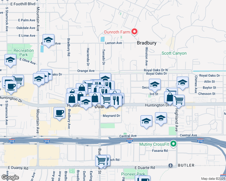 map of restaurants, bars, coffee shops, grocery stores, and more near 1014 Junipero Drive in Duarte
