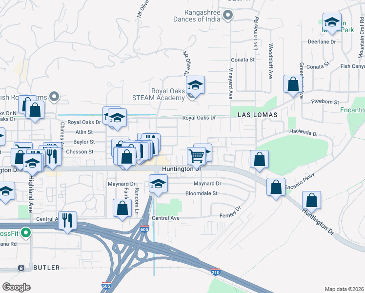 map of restaurants, bars, coffee shops, grocery stores, and more near 2411 Kellogg Court in Duarte