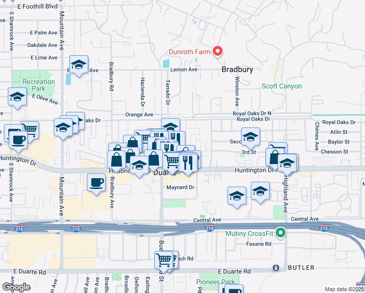 map of restaurants, bars, coffee shops, grocery stores, and more near 1014 Junipero Drive in Duarte