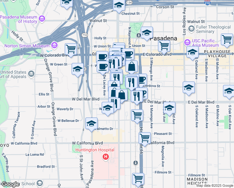 map of restaurants, bars, coffee shops, grocery stores, and more near 257 South Fair Oaks Avenue in Pasadena