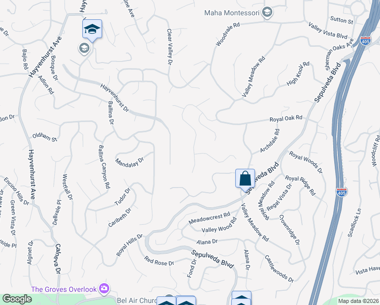 map of restaurants, bars, coffee shops, grocery stores, and more near 16167 Royal Oak Road in Los Angeles