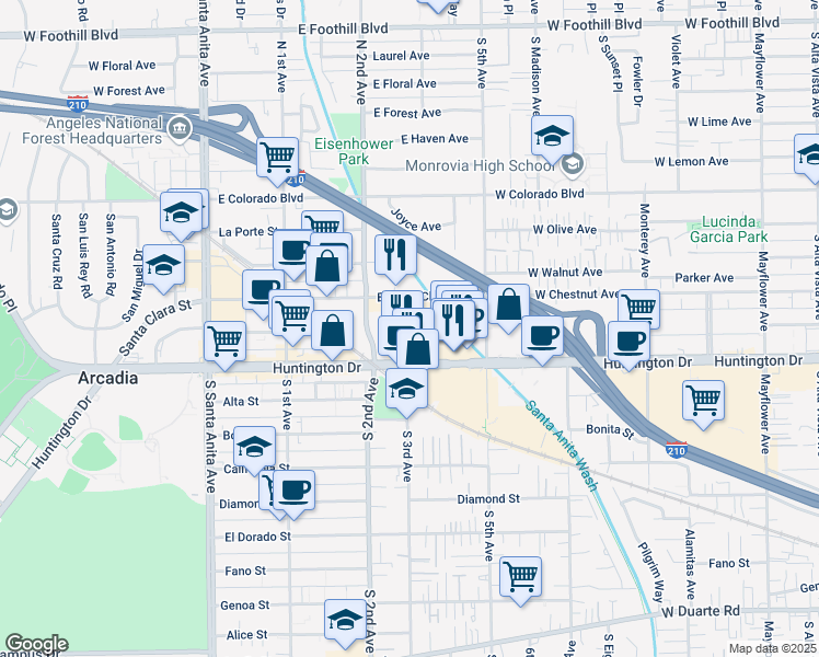 map of restaurants, bars, coffee shops, grocery stores, and more near 311 Huntington Drive in Arcadia