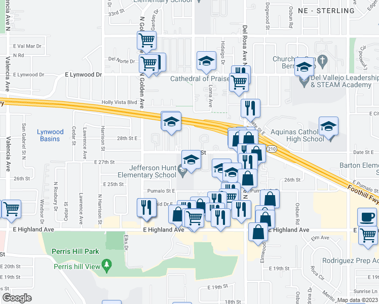 map of restaurants, bars, coffee shops, grocery stores, and more near 1731 North Fairfax Drive in San Bernardino