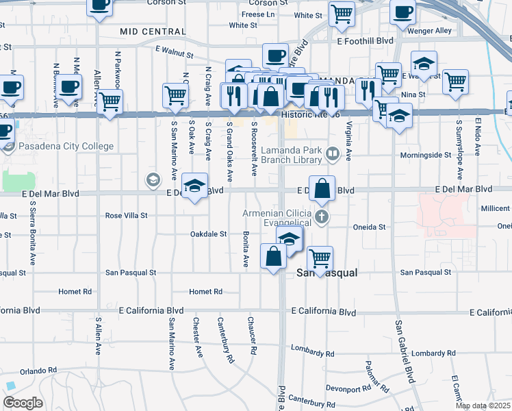 map of restaurants, bars, coffee shops, grocery stores, and more near South Roosevelt Avenue in Pasadena