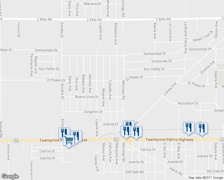 map of restaurants, bars, coffee shops, grocery stores, and more near 6155 Cahuilla Avenue in Twentynine Palms