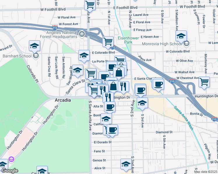 map of restaurants, bars, coffee shops, grocery stores, and more near 57 Wheeler Avenue in Arcadia