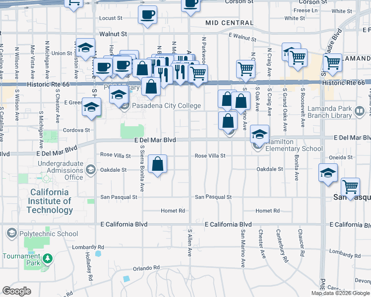 map of restaurants, bars, coffee shops, grocery stores, and more near South Allen Avenue in Pasadena