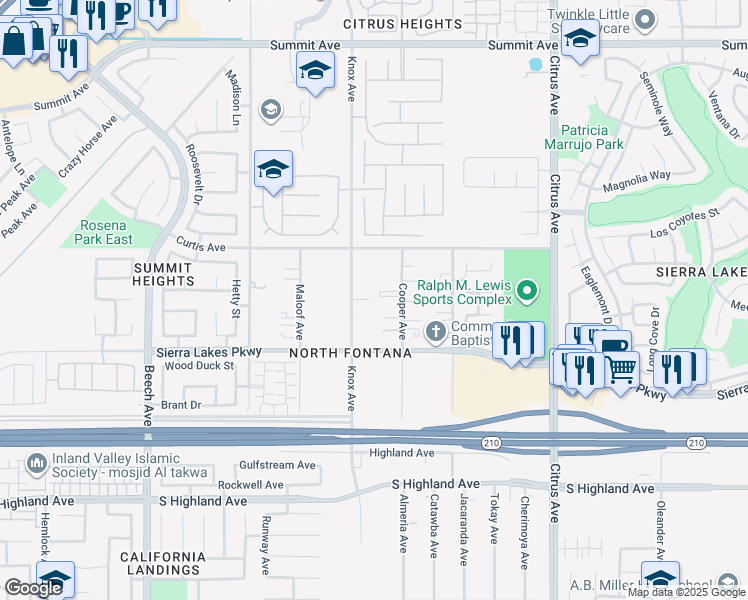 map of restaurants, bars, coffee shops, grocery stores, and more near 6189 Knox Avenue in Fontana