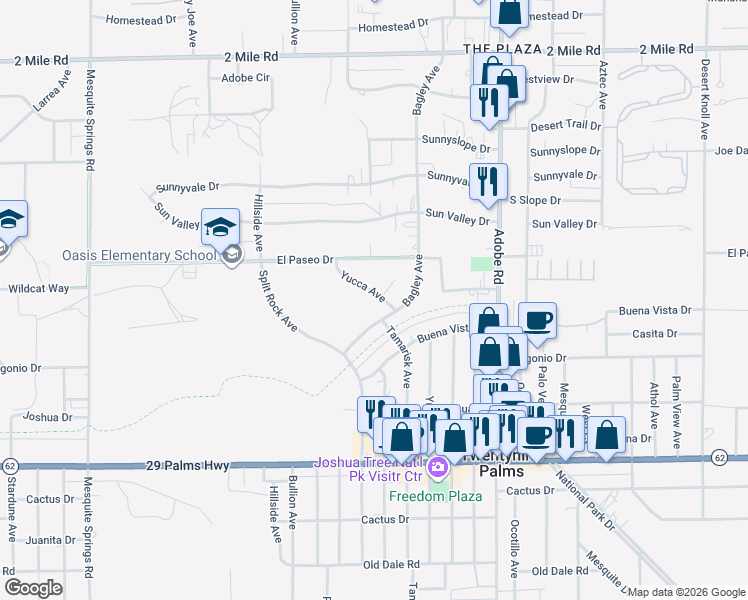 map of restaurants, bars, coffee shops, grocery stores, and more near 73451 Yucca Avenue in Twentynine Palms
