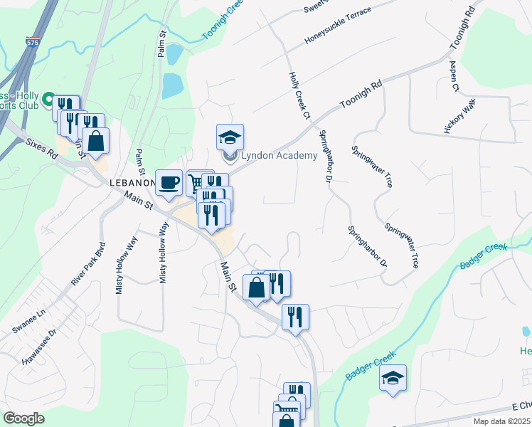 map of restaurants, bars, coffee shops, grocery stores, and more near 925 Lebanon Place in Woodstock