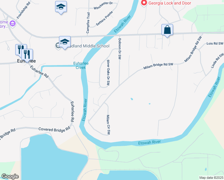 map of restaurants, bars, coffee shops, grocery stores, and more near 260 Milam Bridge Road Southwest in Euharlee