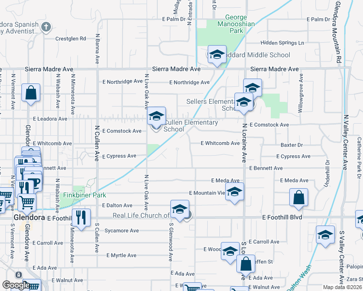 map of restaurants, bars, coffee shops, grocery stores, and more near 358 North Glenwood Avenue in Glendora