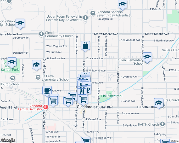 map of restaurants, bars, coffee shops, grocery stores, and more near 357 North Vista Bonita Avenue in Glendora