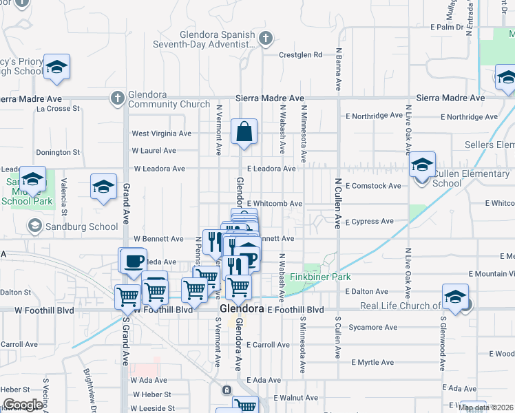 map of restaurants, bars, coffee shops, grocery stores, and more near 357 North Vista Bonita Avenue in Glendora
