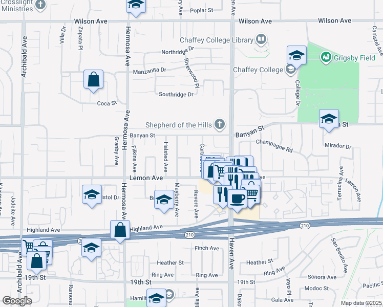 map of restaurants, bars, coffee shops, grocery stores, and more near 10350 Liberty Street in Rancho Cucamonga