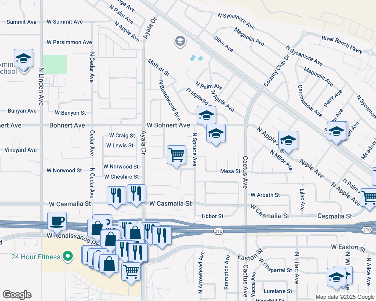 map of restaurants, bars, coffee shops, grocery stores, and more near 2311 North Beechwood Avenue in Rialto