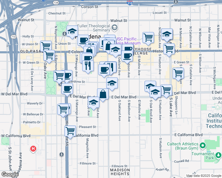 map of restaurants, bars, coffee shops, grocery stores, and more near 253 South Los Robles Avenue in Pasadena