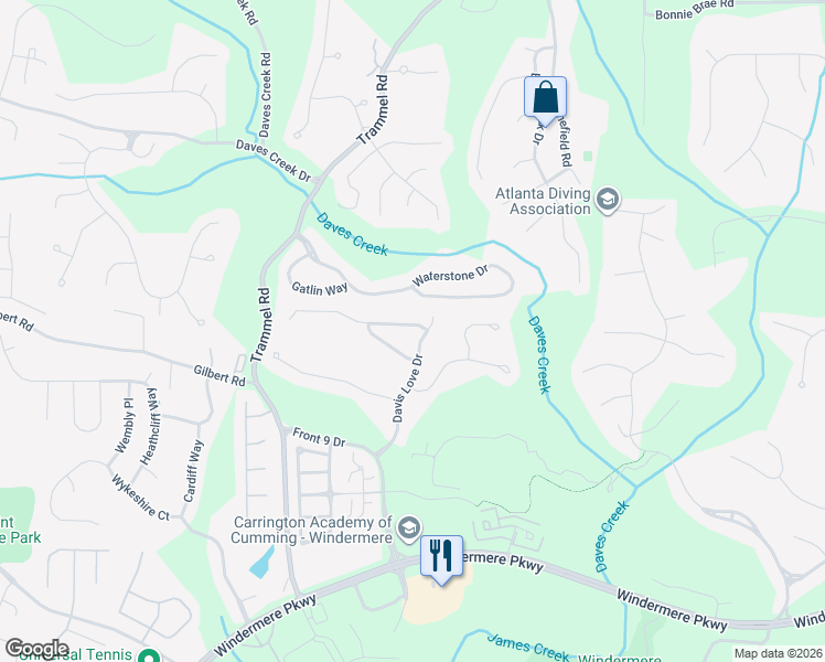map of restaurants, bars, coffee shops, grocery stores, and more near 5703 Kendrick Lane in Cumming