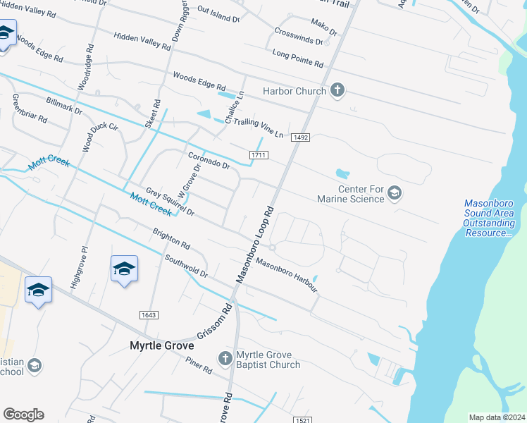 map of restaurants, bars, coffee shops, grocery stores, and more near 5116 Masonboro Loop Road in Wilmington