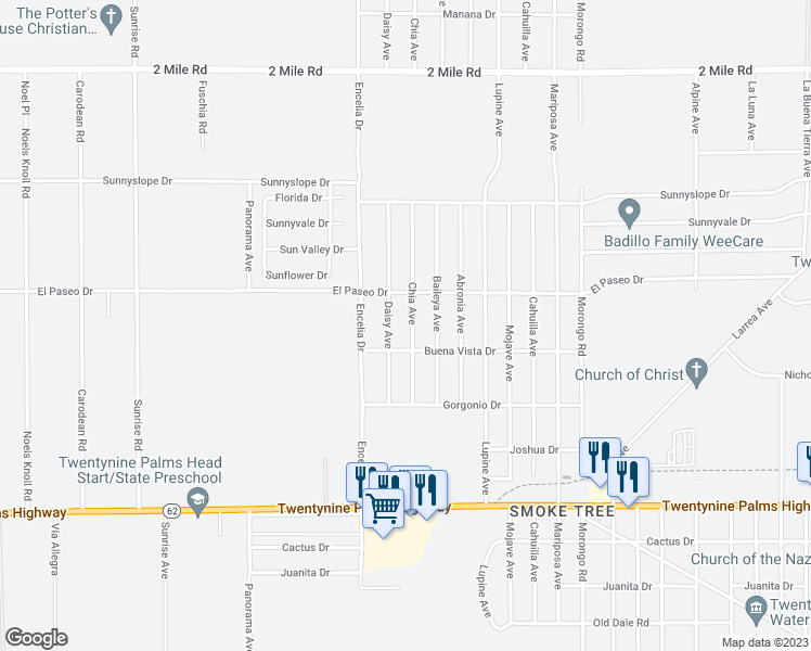 map of restaurants, bars, coffee shops, grocery stores, and more near 6162 Chia Avenue in Twentynine Palms