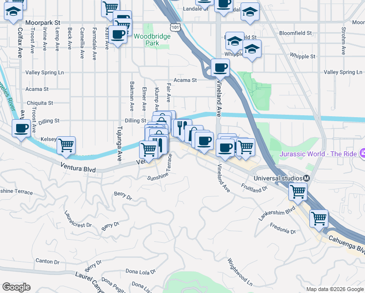 map of restaurants, bars, coffee shops, grocery stores, and more near 11138 Ventura Blvd in Studio City