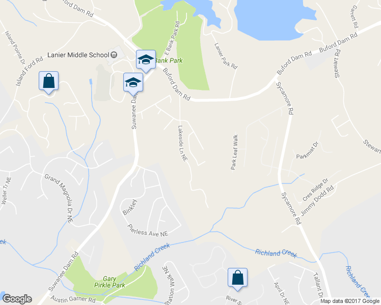 map of restaurants, bars, coffee shops, grocery stores, and more near Sunshine Cove Lane Northeast in Buford