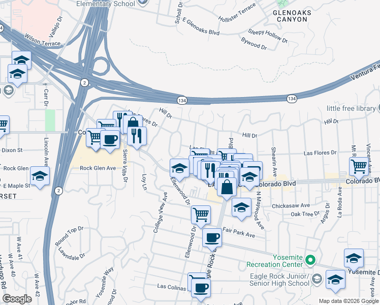 map of restaurants, bars, coffee shops, grocery stores, and more near 5153 Windermere Avenue in Los Angeles