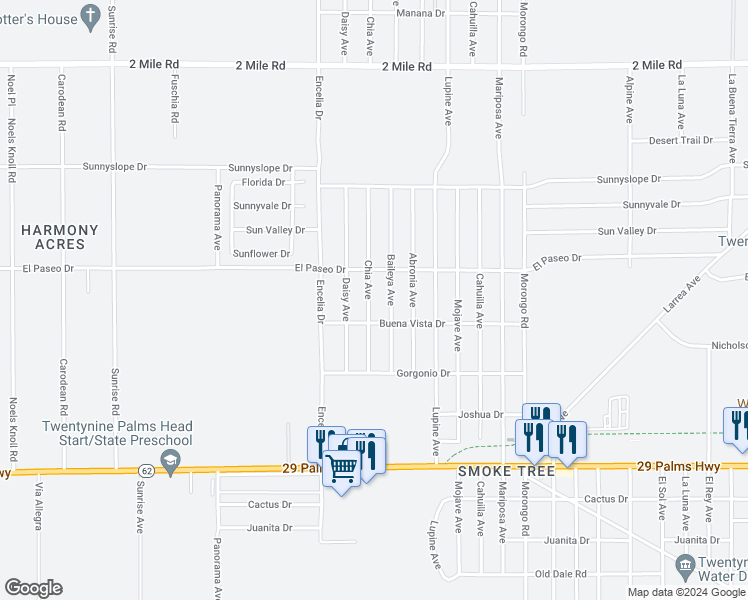 map of restaurants, bars, coffee shops, grocery stores, and more near 6161 Chia Avenue in Twentynine Palms