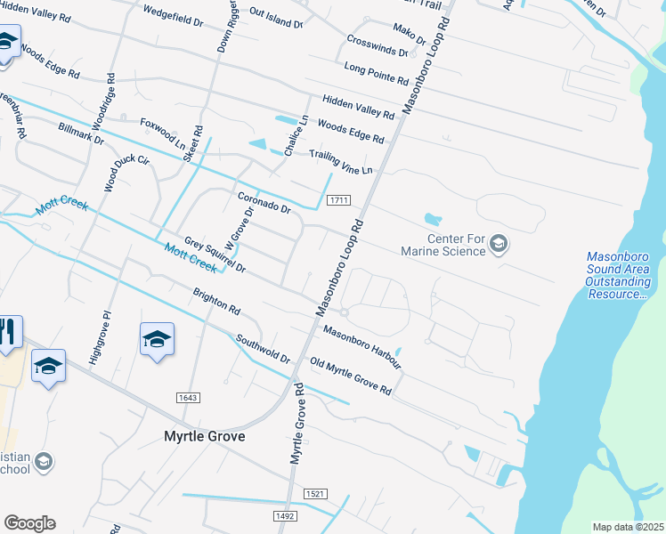 map of restaurants, bars, coffee shops, grocery stores, and more near 5116 Masonboro Loop Road in Wilmington