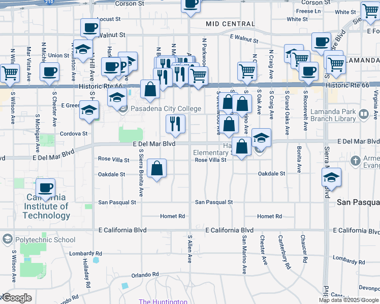 map of restaurants, bars, coffee shops, grocery stores, and more near South Allen Avenue in Pasadena