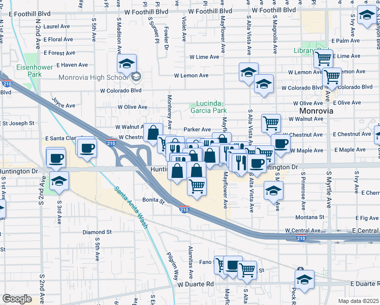 map of restaurants, bars, coffee shops, grocery stores, and more near 617 West Maple Avenue in Monrovia