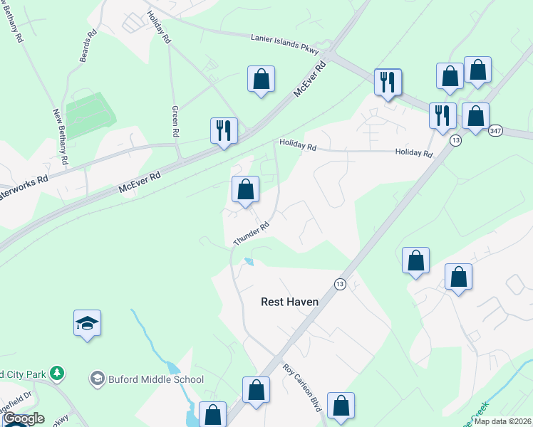 map of restaurants, bars, coffee shops, grocery stores, and more near 404 Apple Wood Court in Buford