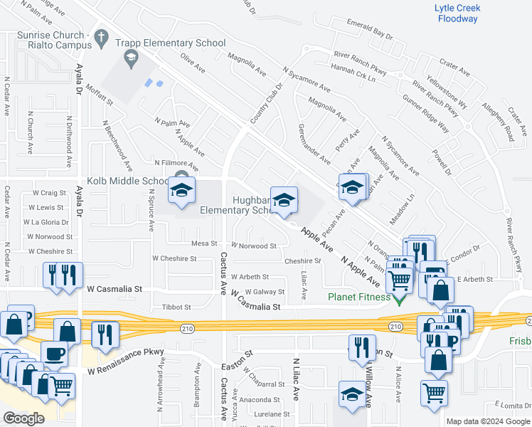 map of restaurants, bars, coffee shops, grocery stores, and more near 2301 North Milor Avenue in Rialto