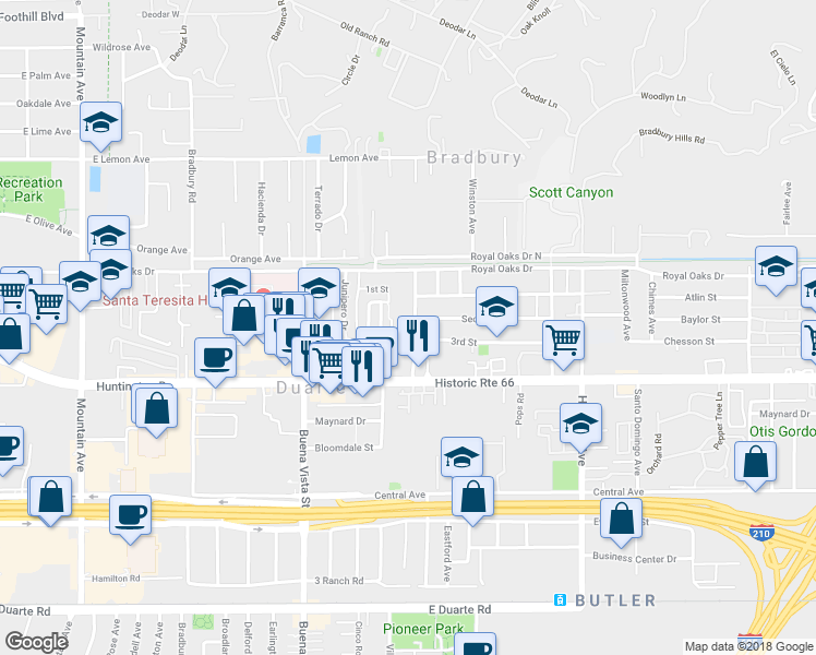 map of restaurants, bars, coffee shops, grocery stores, and more near 1015 Cotter Avenue in Duarte