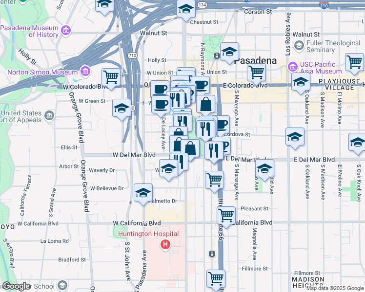 map of restaurants, bars, coffee shops, grocery stores, and more near 257 South Fair Oaks Avenue in Pasadena