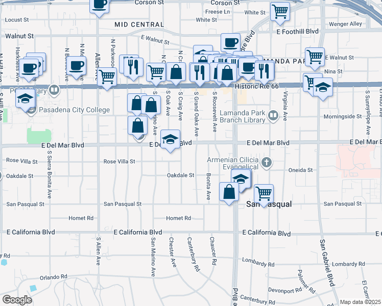 map of restaurants, bars, coffee shops, grocery stores, and more near 265 South Grand Oaks Avenue in Pasadena