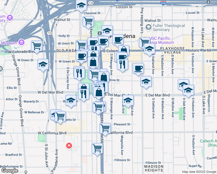 map of restaurants, bars, coffee shops, grocery stores, and more near 243 South Marengo Avenue in Pasadena