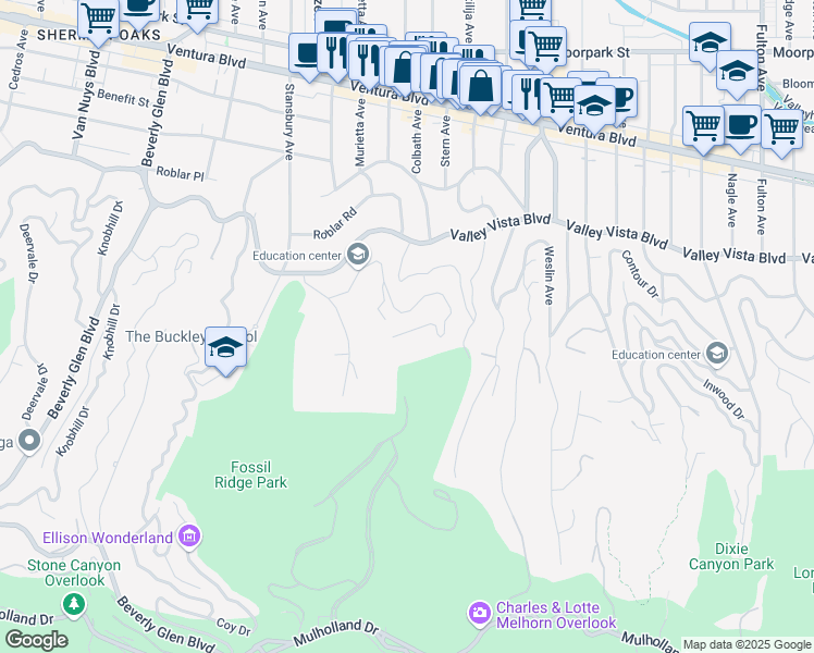 map of restaurants, bars, coffee shops, grocery stores, and more near 3855 Sherwood Place in Los Angeles