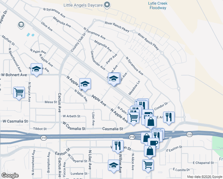 map of restaurants, bars, coffee shops, grocery stores, and more near 6210 Riverside Avenue in Rialto
