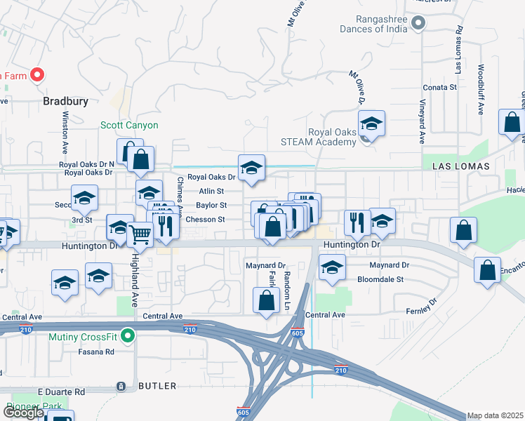 map of restaurants, bars, coffee shops, grocery stores, and more near 1020 Bradbourne Avenue in Duarte