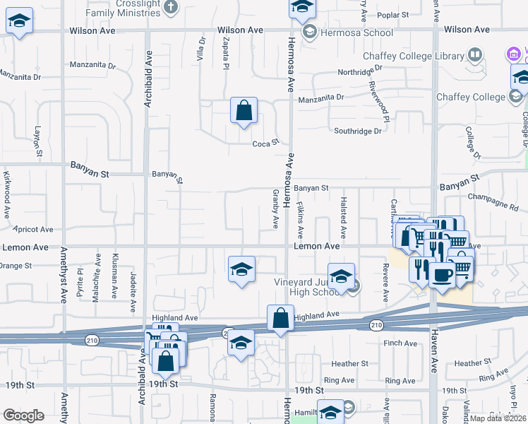map of restaurants, bars, coffee shops, grocery stores, and more near 6205 Dartmouth Avenue in Rancho Cucamonga