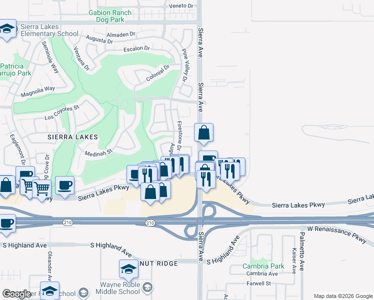map of restaurants, bars, coffee shops, grocery stores, and more near 6185 Shoreacres Lane in Fontana