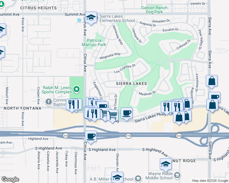 map of restaurants, bars, coffee shops, grocery stores, and more near 16258 Pablo Creek Lane in Fontana