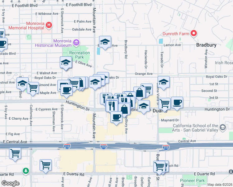 map of restaurants, bars, coffee shops, grocery stores, and more near 1024 Royal Oaks Drive in Monrovia