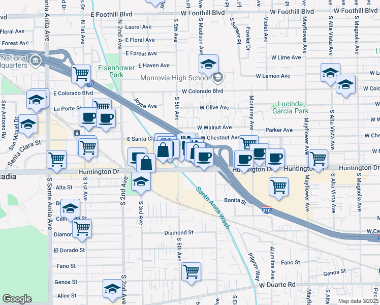 map of restaurants, bars, coffee shops, grocery stores, and more near 930 Fifth Avenue in Monrovia