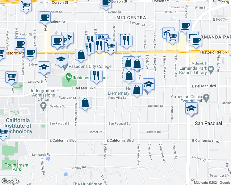 map of restaurants, bars, coffee shops, grocery stores, and more near 250 South Parkwood Avenue in Pasadena