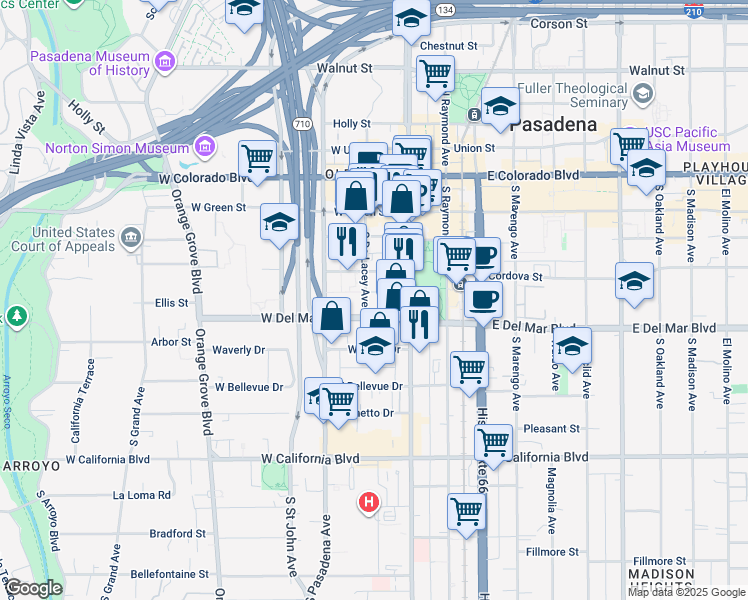 map of restaurants, bars, coffee shops, grocery stores, and more near 242 South De Lacey Avenue in Pasadena