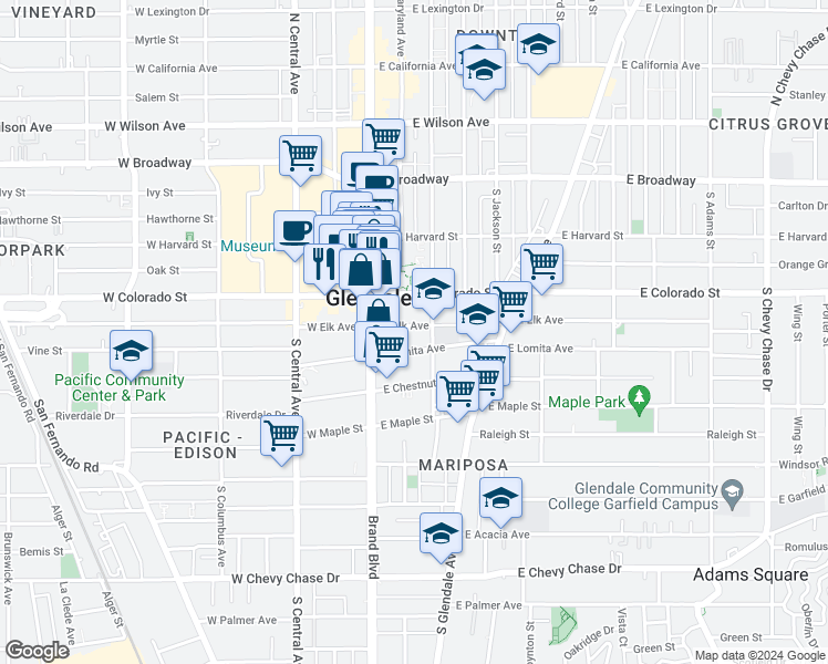 map of restaurants, bars, coffee shops, grocery stores, and more near 118 East Elk Avenue in Glendale